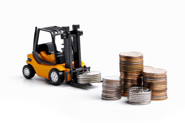 Yellow toy forklift and money